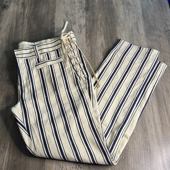Vanessa Bruno Pants - Vanessa Bruno Cream and Navy Striped Straight Leg Pants With Lace Up Side Detail